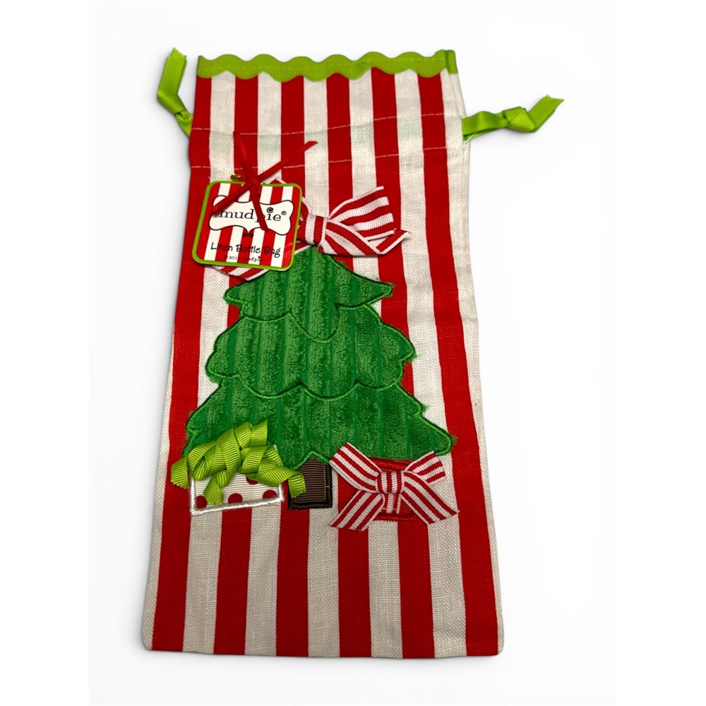 Mud Pie Christmas Tree Linen Wine Bottle Gift‎ Bag Red White Striped Holiday NEW